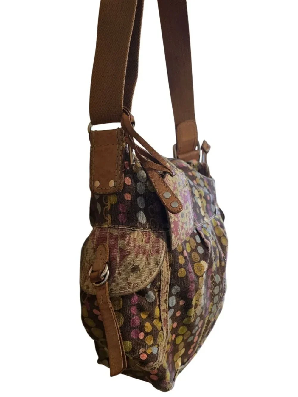 Vintage Fossil Multicolor Dot Canvas Crossbody Bag With Key & Pockets distressed